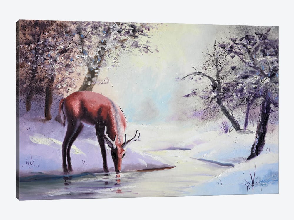 Buck At The Creek In Winter by D. "Rusty" Rust 1-piece Canvas Artwork