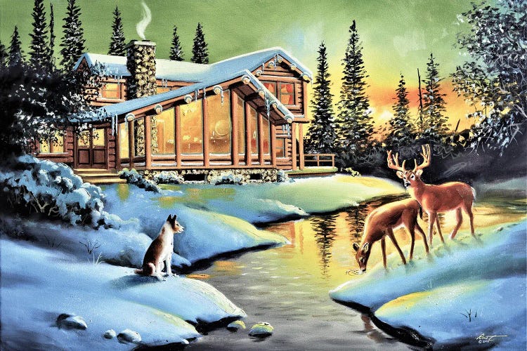 Home In The Woods With Deer And Dog