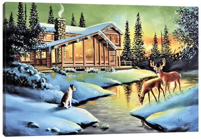 Home In The Woods With Deer And Dog Canvas Art Print - Cabins