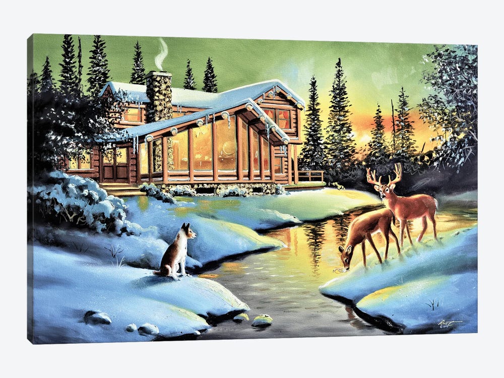 Home In The Woods With Deer And Dog by D. "Rusty" Rust 1-piece Canvas Artwork