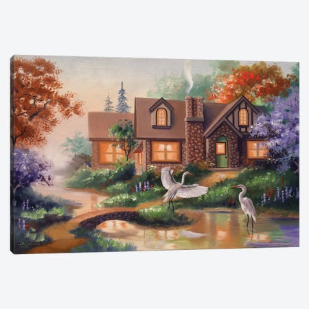 Egrets By The Pond With House Canvas Print #RSR52} by D. "Rusty" Rust Canvas Art Print