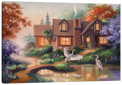 Egrets By The Pond With House Canvas Art Print - Cabins