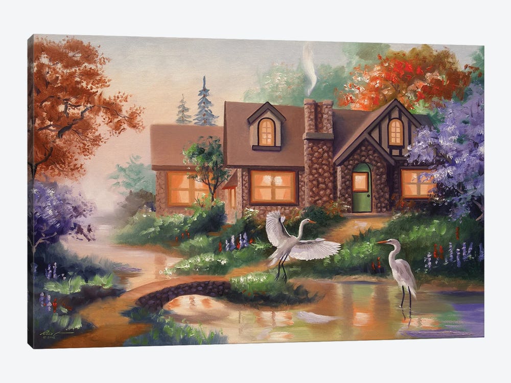 Egrets By The Pond With House by D. "Rusty" Rust 1-piece Canvas Art