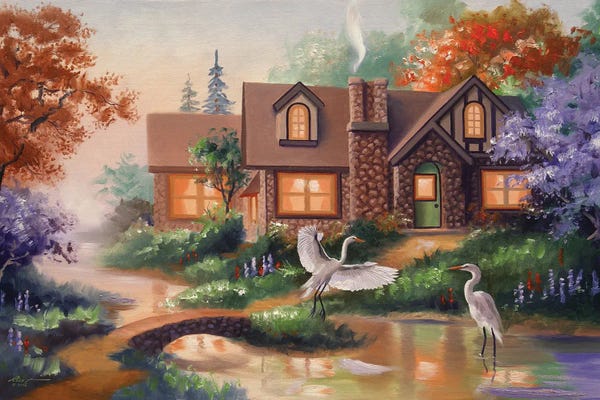 French Country Décor: Egrets By The Pond With House by D. "Rusty" Rust