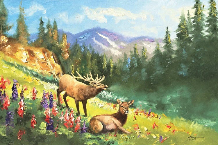 Elk With Wildflowers