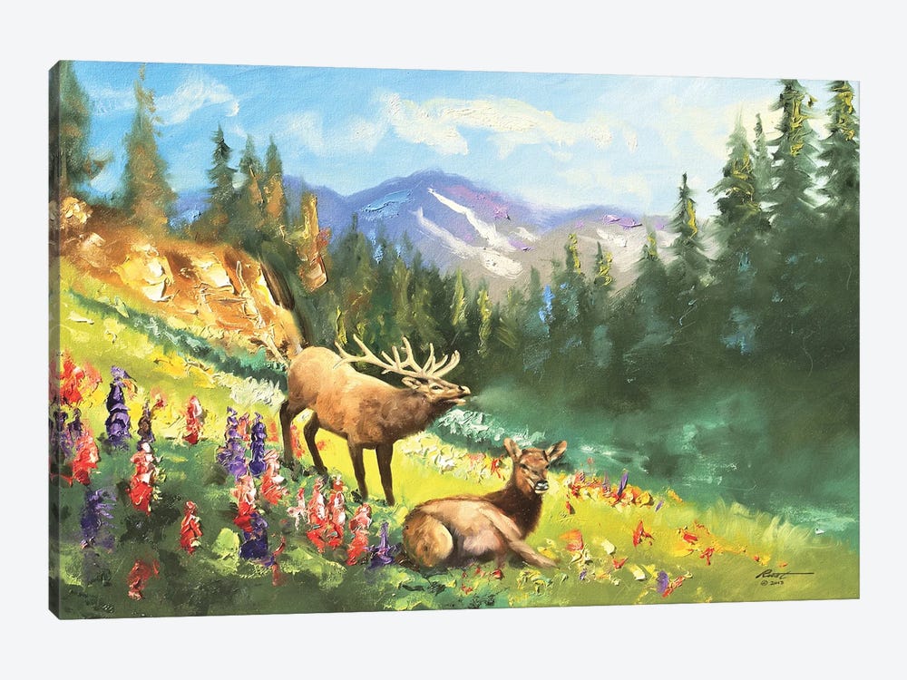 Elk With Wildflowers by D. "Rusty" Rust 1-piece Canvas Wall Art