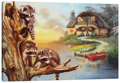 Raccoon Cottage Canvas Art Print - Raccoon Art