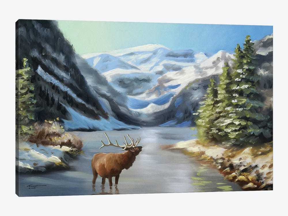 Elk In River Wilderness by D. "Rusty" Rust 1-piece Canvas Artwork