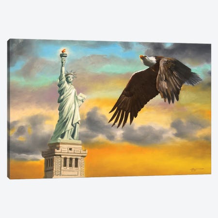 Bald Eagle With Statue Of Liberty Canvas Print #RSR58} by D. "Rusty" Rust Art Print