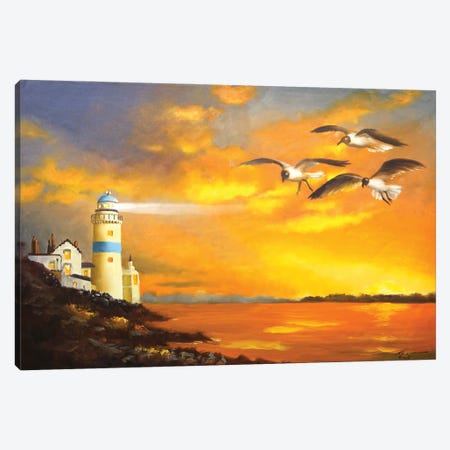 Lighthouse, Gulls Canvas Print #RSR643} by D. "Rusty" Rust Canvas Art Print