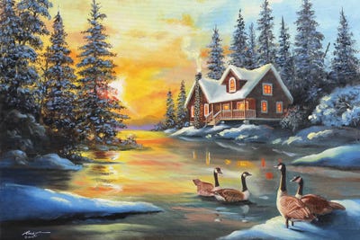 Canada Geese In Pond By Cottage by D. "Rusty" Rust art print