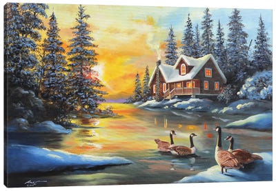 Canada Geese In Pond By Cottage Canvas Art Print - Cabins