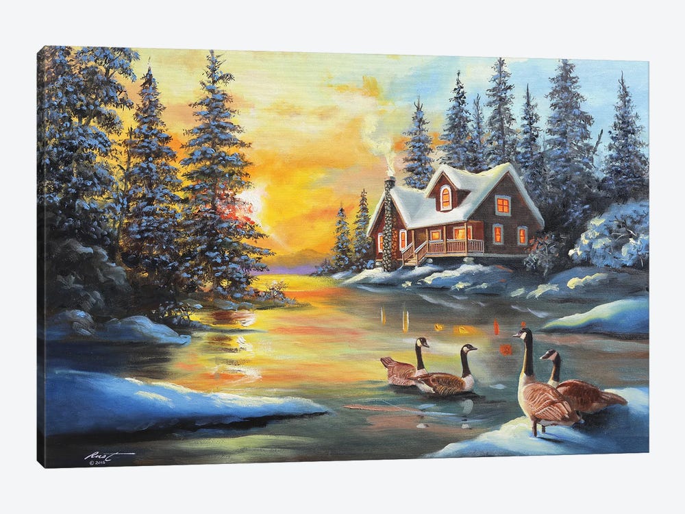 Canada Geese In Pond By Cottage by D. "Rusty" Rust 1-piece Canvas Print