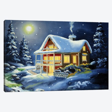 Cabin With Moonlight Canvas Print #RSR76} by D. "Rusty" Rust Canvas Artwork