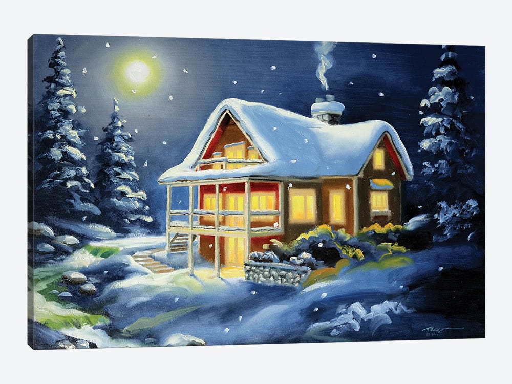 Cabin With Moonlight by D. "Rusty" Rust 1-piece Canvas Wall Art