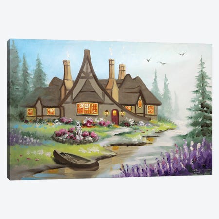 House With Canoe In Spring Canvas Print #RSR80} by D. "Rusty" Rust Canvas Art