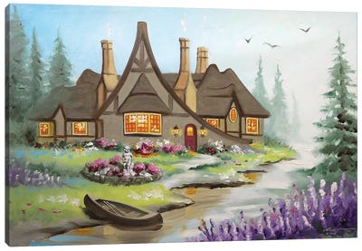 House With Canoe In Spring Canvas Art Print - Cabins
