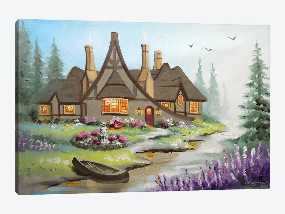 House With Canoe In Spring by D. "Rusty" Rust 1-piece Art Print