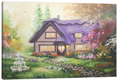 Pretty Cottage With Purple Roof Canvas Art Print - Cabins
