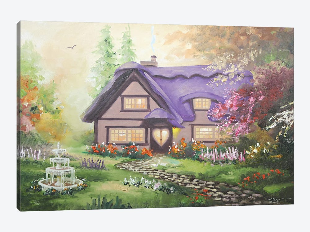 Pretty Cottage With Purple Roof by D. "Rusty" Rust 1-piece Canvas Wall Art