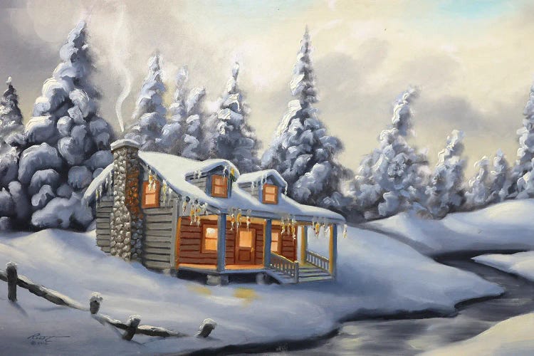 Cabin With Snow And Evergreens