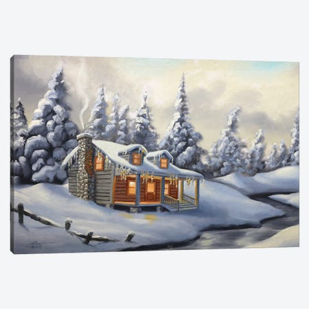 Cabin With Snow And Evergreens Canvas Print #RSR88} by D. "Rusty" Rust Canvas Artwork