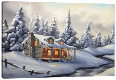 Cabin With Snow And Evergreens Canvas Art Print - D. "Rusty" Rust