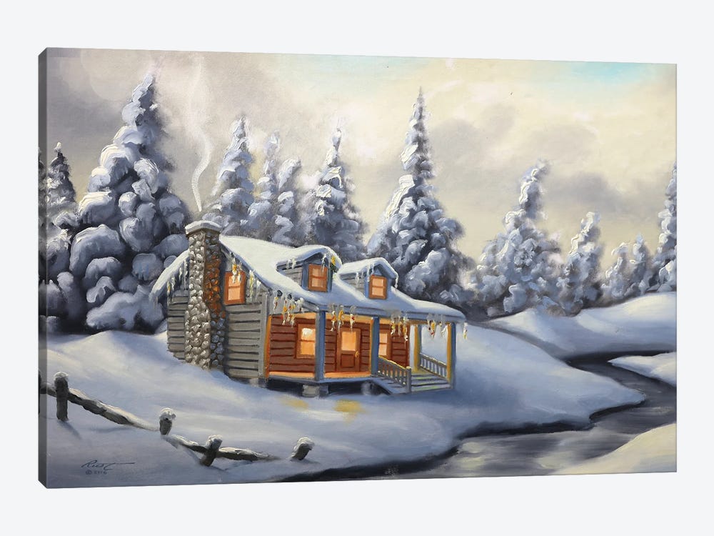 Cabin With Snow And Evergreens by D. "Rusty" Rust 1-piece Canvas Art Print