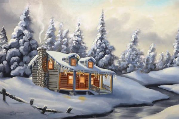 Cabins: Cabin With Snow And Evergreens by D. "Rusty" Rust