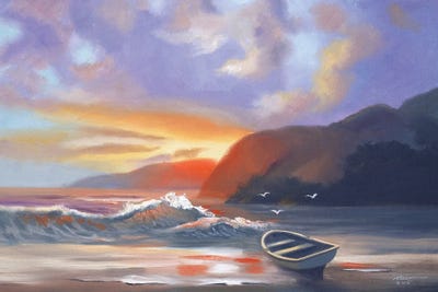 Rowboat At Sunset Beach by D. "Rusty" Rust framed wall art