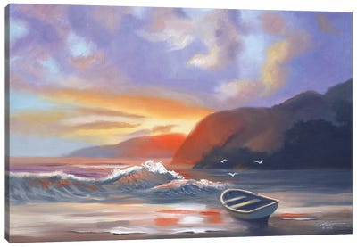 Rowboat At Sunset Beach Canvas Art Print - Rowboat Art