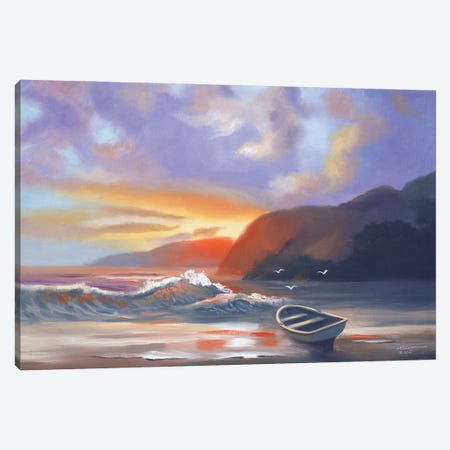 Rowboat At Sunset Beach Canvas Print #RSR92} by D. "Rusty" Rust Canvas Art Print