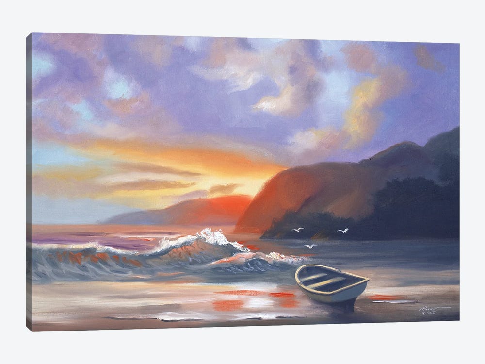 Rowboat At Sunset Beach by D. "Rusty" Rust 1-piece Canvas Artwork