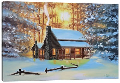 Cute Snow-Covered Cabin In The Woods Canvas Art Print - Cabin & Lodge Décor