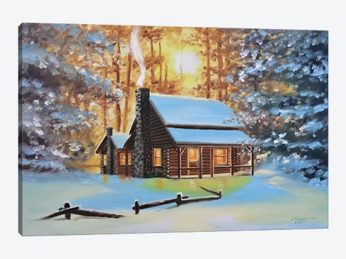 Horse in winter snow landscape house home chalet Acrylic painting canvas artwork art