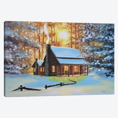 Cute Snow-Covered Cabin In The Woods Canvas Print #RSR95} by D. "Rusty" Rust Canvas Art