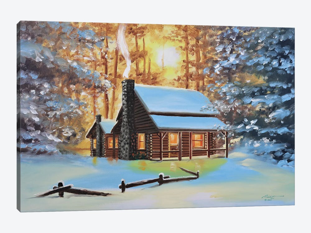Cute Snow-Covered Cabin In The Woods by D. "Rusty" Rust 1-piece Canvas Art Print