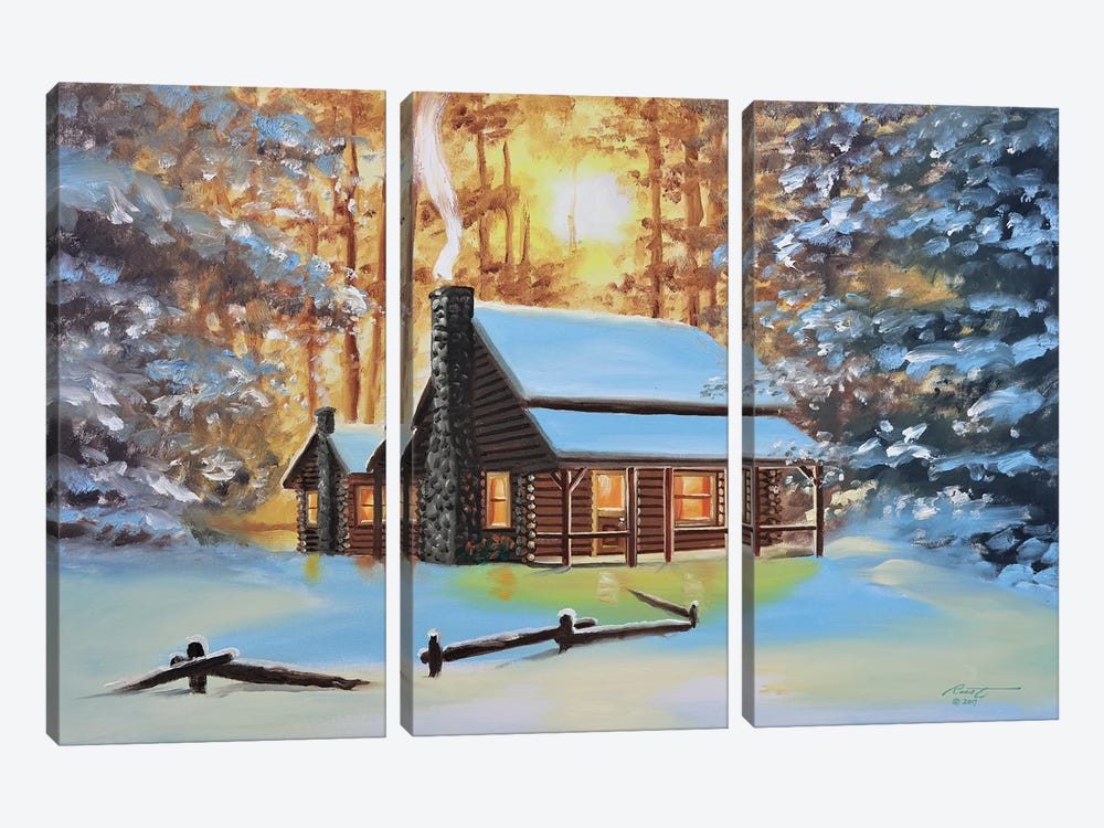 Cute Snow-Covered Cabin In The Woods by D. "Rusty" Rust 3-piece Canvas Print