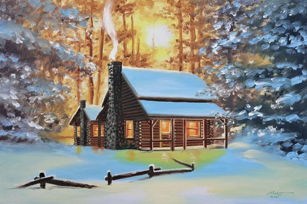 Cabins: Cute Snow-Covered Cabin In The Woods by D. "Rusty" Rust