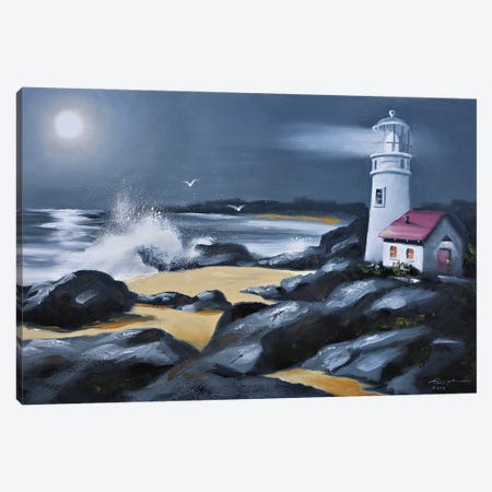 Lighthouse With Moonlight Canvas Print #RSR99} by D. "Rusty" Rust Art Print