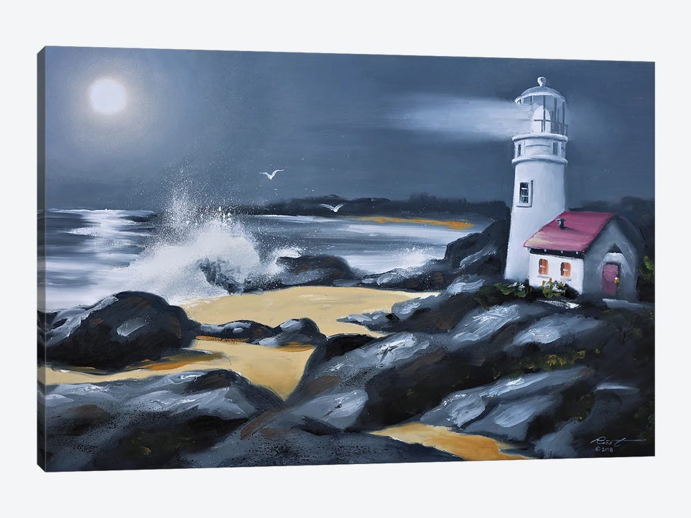 Lighthouse With Moonlight by D. "Rusty" Rust 1-piece Canvas Print