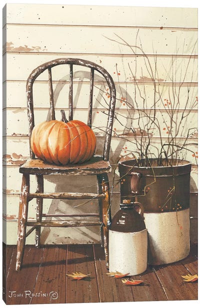Pumpkin & Chair Canvas Art Print - Rustic Décor