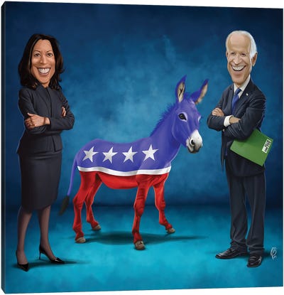 Joe Biden And Kamala Harris With Dem Donkey Canvas Art Print - Kamala Harris