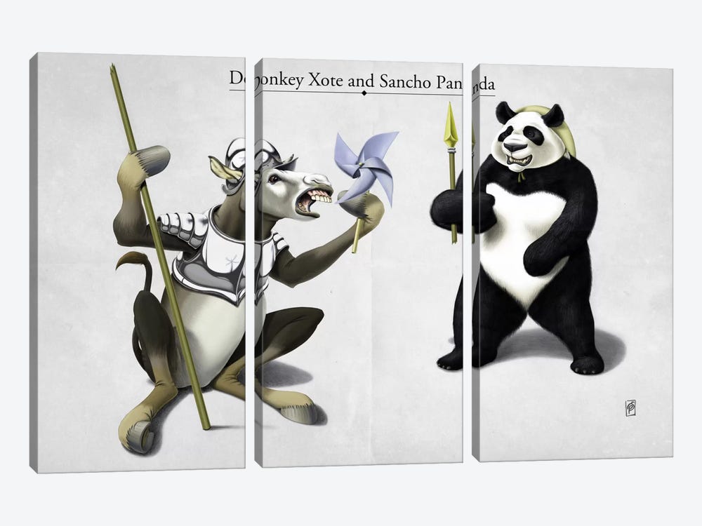 Donkey Xote And Sancho Panda by Rob Snow 3-piece Canvas Art Print