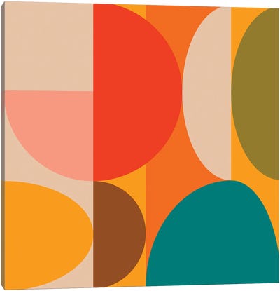 Geometric Mid Century Bauhaus, Round Canvas Art Print - Orange, Teal & Espresso