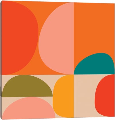 Abstract, Geometric Mid Century Bauhaus, Round Canvas Art Print - Red Abstract Art