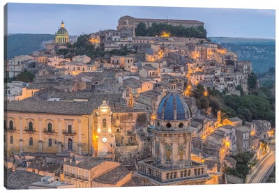 Italy, Sicily, Ragusa, Looking down on Ragusa Ibla at Dusk Canvas Art Print - Country Scenic Photography