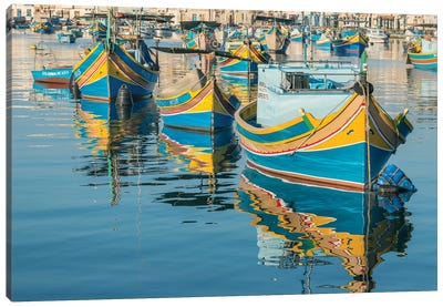 Malta, Marsaxlokk, Traditional Fishing Boats Canvas Art Print - Malta