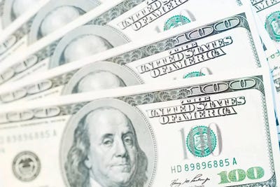 US Currency, $100 Bills (Selective Focus) by Rob Tilley metal wall art