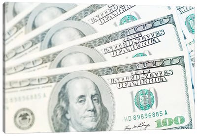 US Currency, $100 Bills (Selective Focus) Canvas Art Print